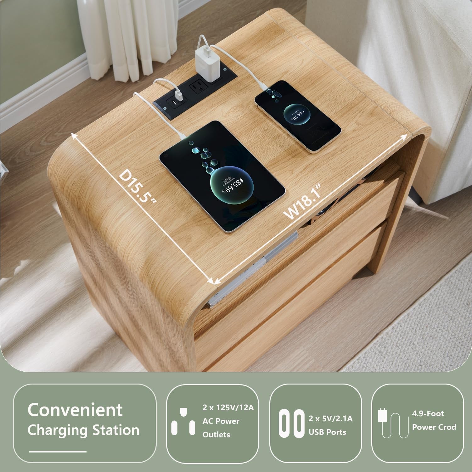 25" Tall Modern Nightstand Set of 2, 23.6'' Wide Wood Bedside Table W/2 Storage Drawers, Charging Station, Mid Century End Table for Bedroom, Living Room,Curved Profile Design, Natural Oak