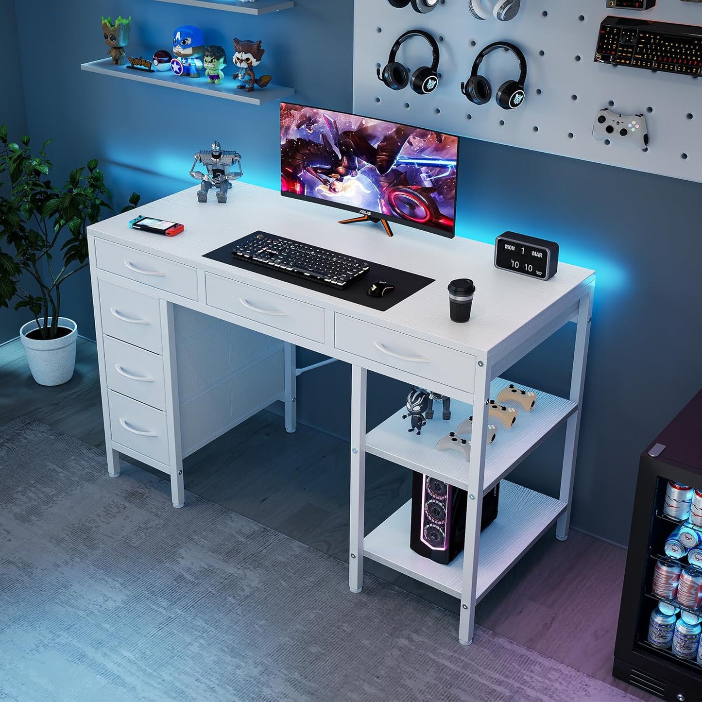 Computer Desk with 6 Drawers, 47" Home Office Writing Gaming Desks with Storage Shelves, Work Study Table for Bedroom Living Room White