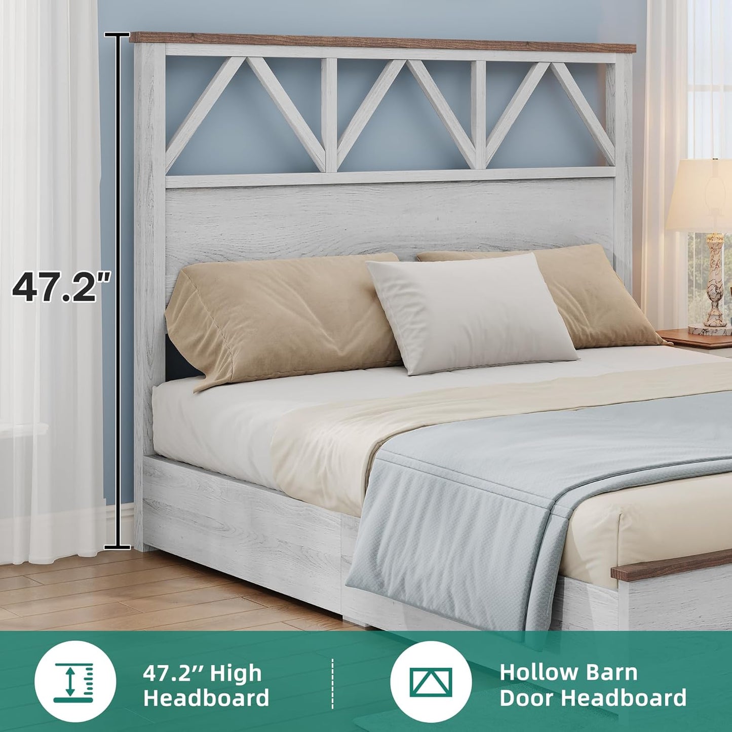 Farmhouse Queen Size Bed Frame with 47.2'' Headboard, Platform Rustic Wood Bed Frame with Slats, Sturdy and Noiseless, No Spring Needed, White