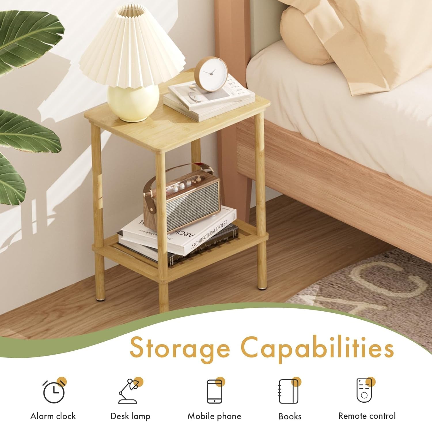 Bamboo Side Table, Small Bedside Table, 2 Tier End Table with Open Shelf, 21.5 Inch Tall Narrow Couch Table, Boho Natural Nightstand, Entryway Table, Accent Table, Home Decor for Living Room, Bathroom