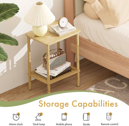 Bamboo Side Table, Small Bedside Table, 2 Tier End Table with Open Shelf, 21.5 Inch Tall Narrow Couch Table, Boho Natural Nightstand, Entryway Table, Accent Table, Home Decor for Living Room, Bathroom