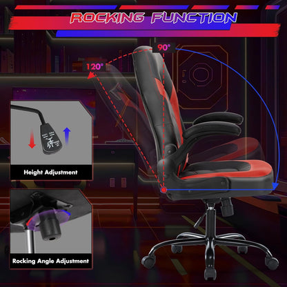 Computer Gaming Chair - PU Leather Ergonomic Lumbar Support with Flip-Up Armrest and 360° Swivel Wheels, Height Adjustable Task Home Office Desk Video Racing, Red