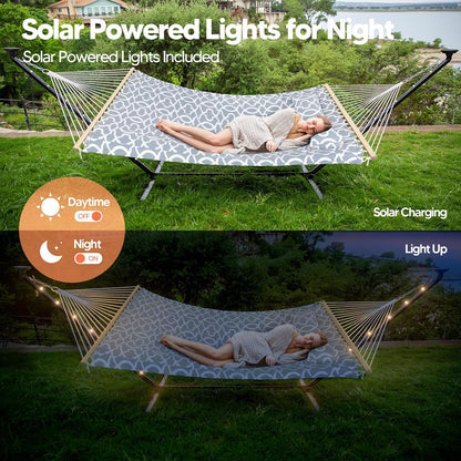 Hammocks Outdoor 2 Person Hammock with Solar Powered Lights, Double Hammock with 12 Ft Stand Included, Light Gray