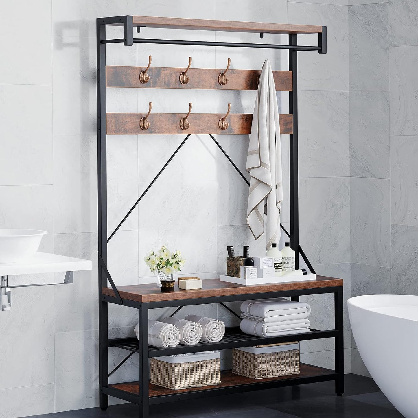 Coat Rack Shoe Bench Industrial Hall Tree Storage Bench for Entryway, Wood Look Accent Large Shoe Rack with Storage Shelf Hanging Bar,8 Hooks Rustic Brown 39.9"X15.7"X72"