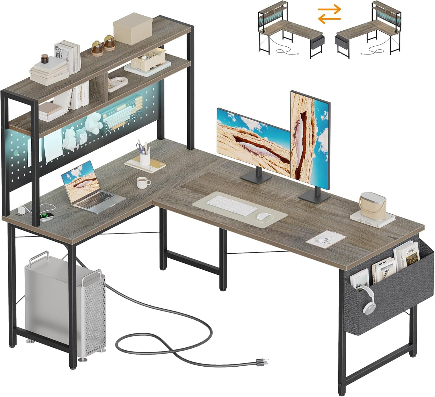 50 Inch Large L Shaped Desk with Pegboard Hutch & Shelves, Corner Gaming Desk with Power Outlet, LED Light & Storage Bag, Reversible Computer Desk for Home, Bedroom, Office Workspace, Grey