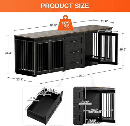 94.5" Dog Crate Furniture for 2 Dogs, Large Dog Kennel Furniture with 3 Storage Drawer, Wooden Dog Cage with 4 Bowls, Indoor Dog House TV Stand with Locks for Large Medium Dog, White