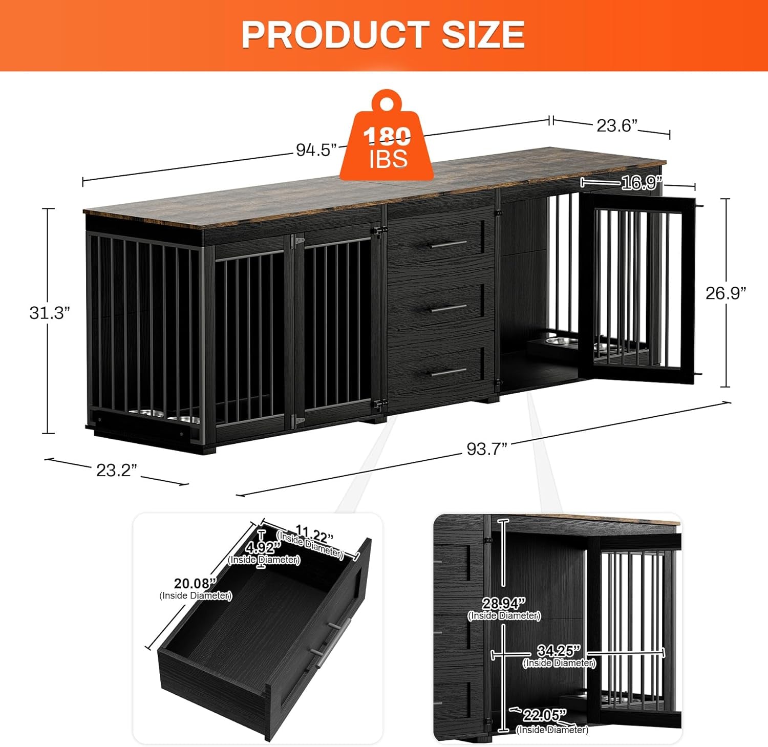 94.5" Dog Crate Furniture for 2 Dogs, Large Dog Kennel Furniture with 3 Storage Drawer, Wooden Dog Cage with 4 Bowls, Indoor Dog House TV Stand with Locks for Large Medium Dog, Black