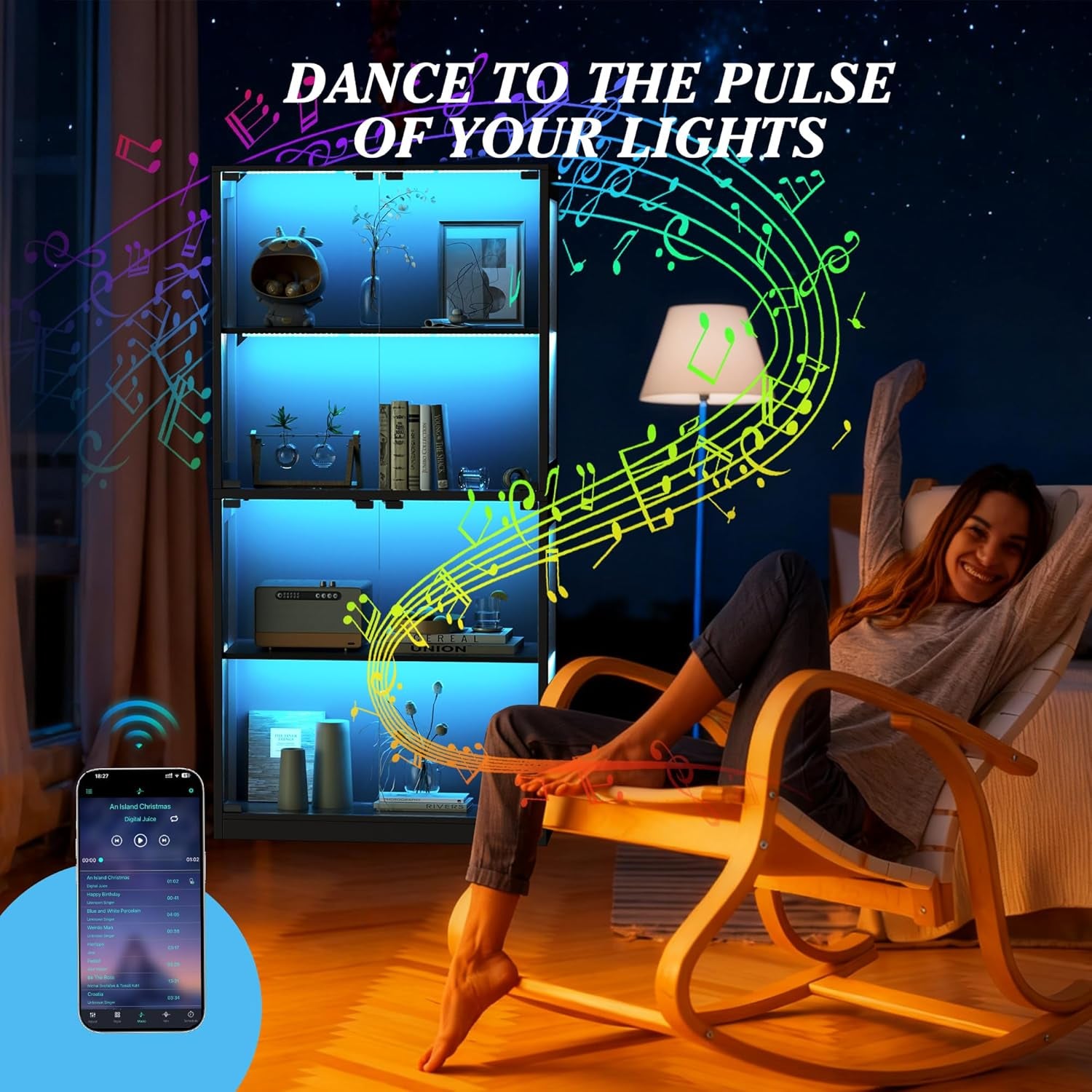 RGB Glass Display Cabinet, App & Remote Controlled Display Case with Music Sync, 4-Tier Tall Curio Cabinet for Collectibles Storage, Tall Bookcase with 4 Shelves (Black, 14"D X 32"W X 65"H)