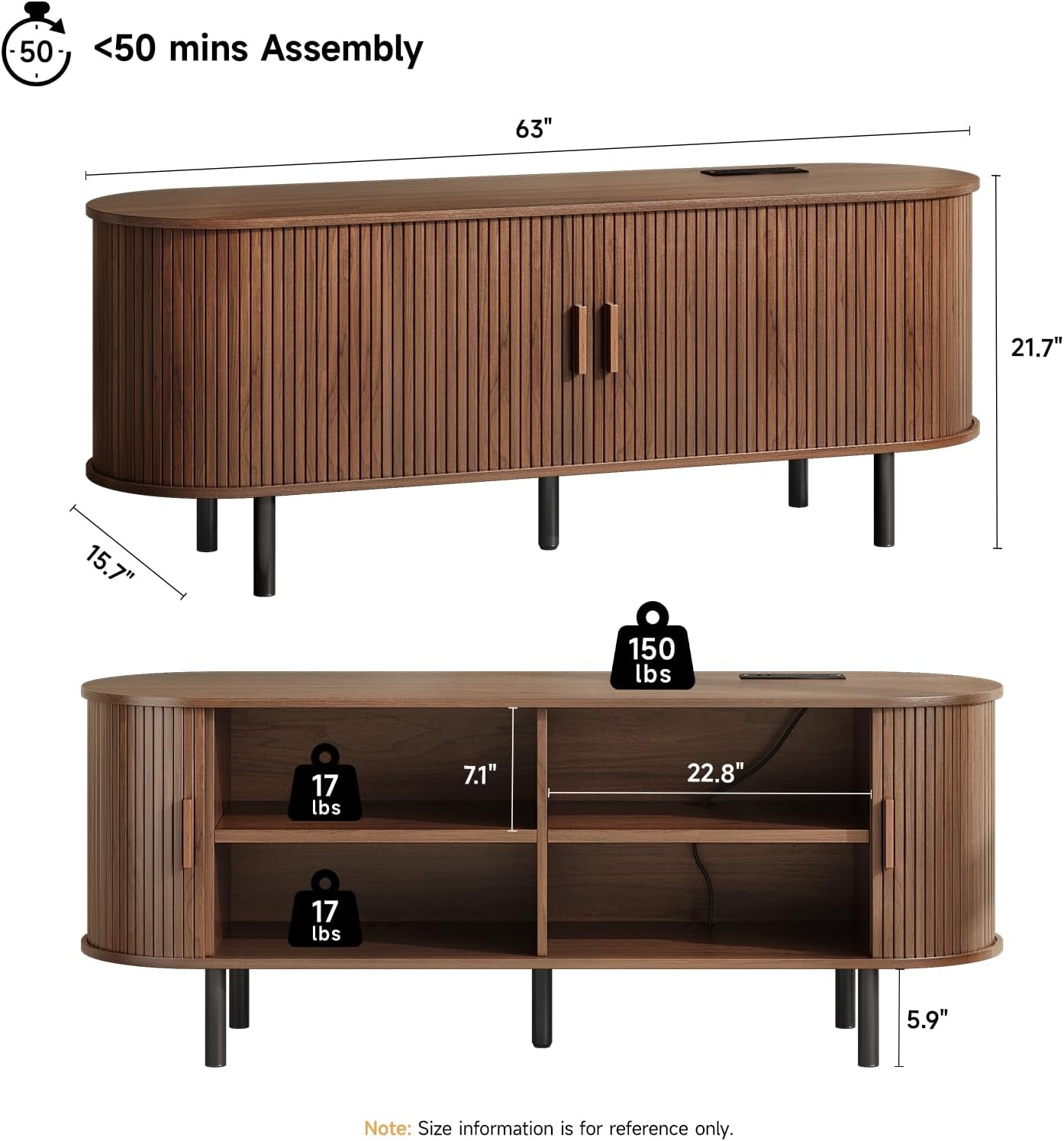 63" TV Stand with Power Outlet for Tvs up to 70 Inch, Entertainment Center with Storage and Adjustable Shelves, Modern Media Console with Sliding Doors for Living Room, Walnut