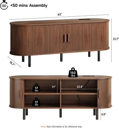 63" TV Stand with Power Outlet for Tvs up to 70 Inch, Entertainment Center with Storage and Adjustable Shelves, Modern Media Console with Sliding Doors for Living Room, Walnut