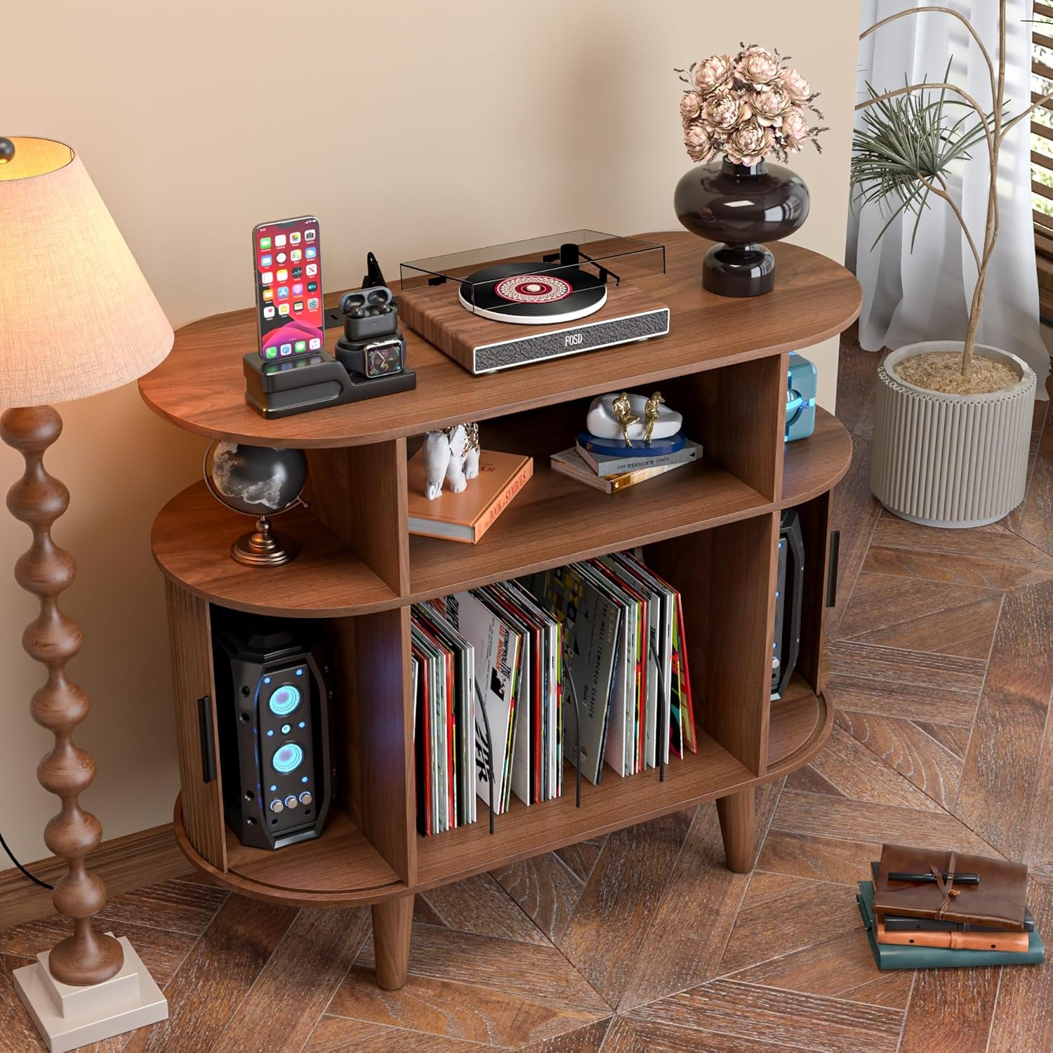 Large round Record Player Stand with Charging Station & USB Ports，Record Storage Cabinet, Mid Century Modern Turntable Stand for Bedroom Living Room (Small Brown)