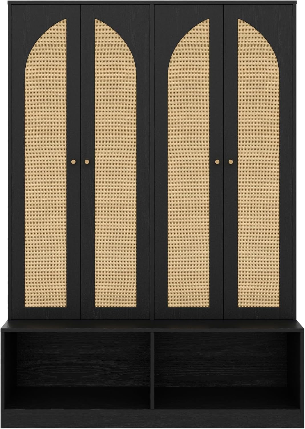 Farmhouse Hall Tree with 4 Rattan Doors & Bench - 55.1" Entryway Shoe Cabinet, 6 Hooks, Adjustable Shelf, Mid-Century Storage for Living Room, Black