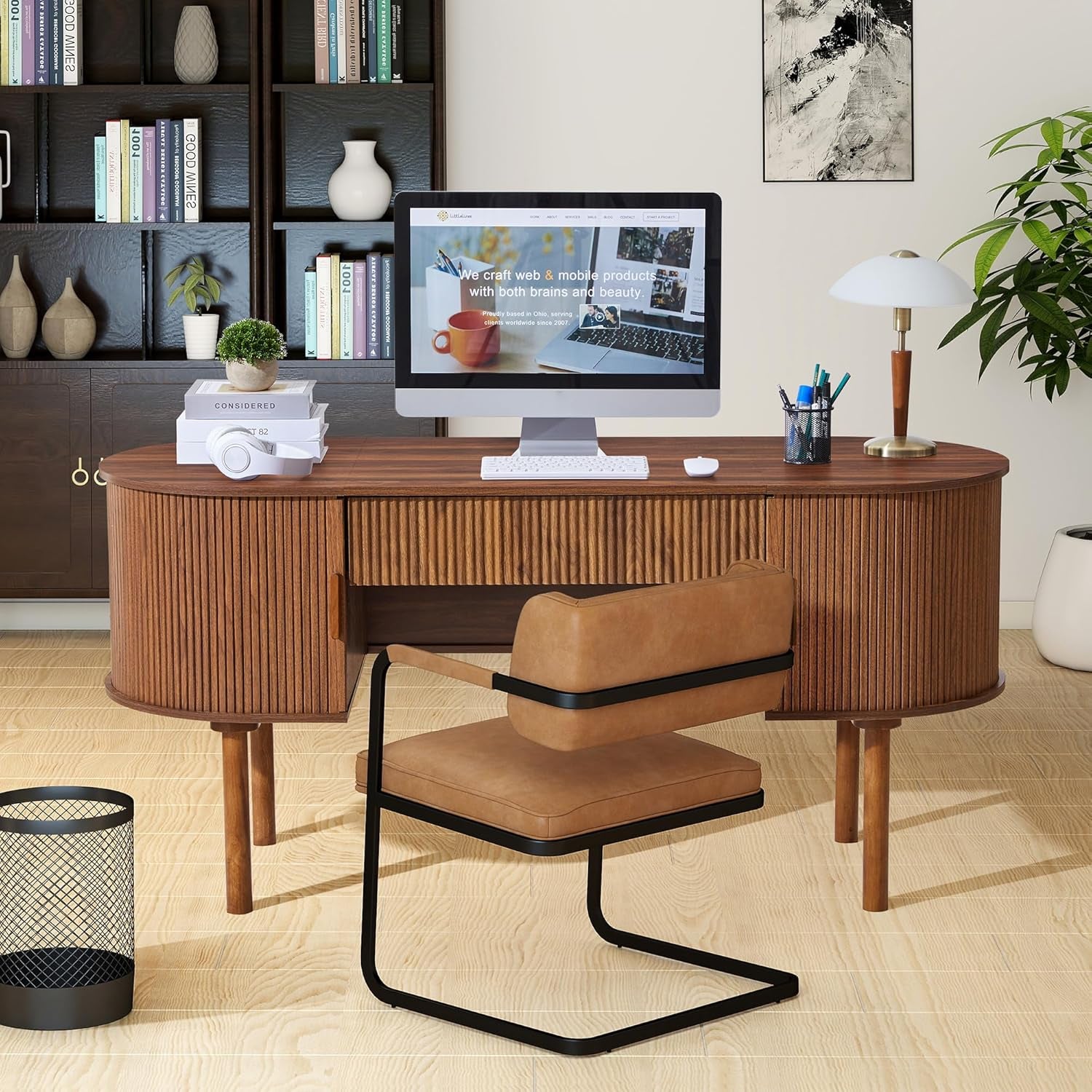 Home Office Oval Desk with Sliding Tambour Door and Drawer, Modern Fluted Wood Executive Computer Storage Desk for Study, Living Room, Bedroom, Office - Walnut