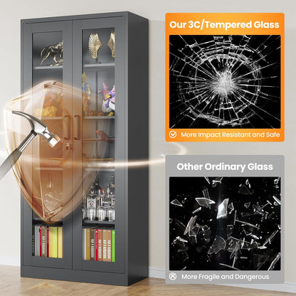 Glass Display Cabinet with Lock, 67”H Metal Curio Cabinets with Glass Door, Locking Liquor Caninet Display Case for Home, Collectibles, Clinic, Living Room - Assembly Required
