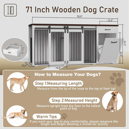 Large Dog Crate Furniture Large Breed,71 Inch Wooden Dog Crate with Tilt Out Trash Cabinet,Drawers,Divider and Sliding Barn Door, Double Doors Dogs Crate for 2 Dogs (White)