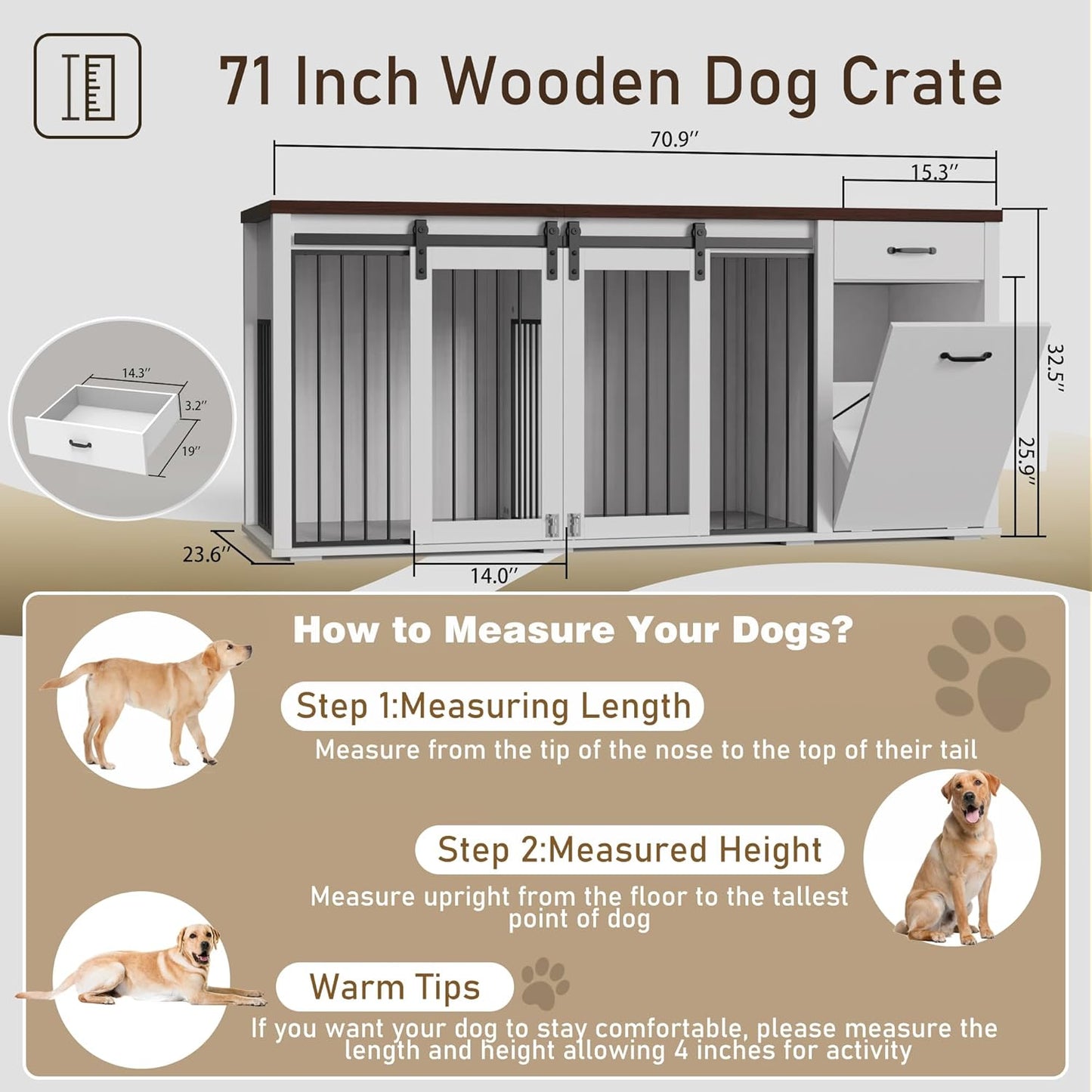 Large Dog Crate Furniture Large Breed,71 Inch Wooden Dog Crate with Tilt Out Trash Cabinet,Drawers,Divider and Sliding Barn Door, Double Doors Dogs Crate for 2 Dogs (Brown)