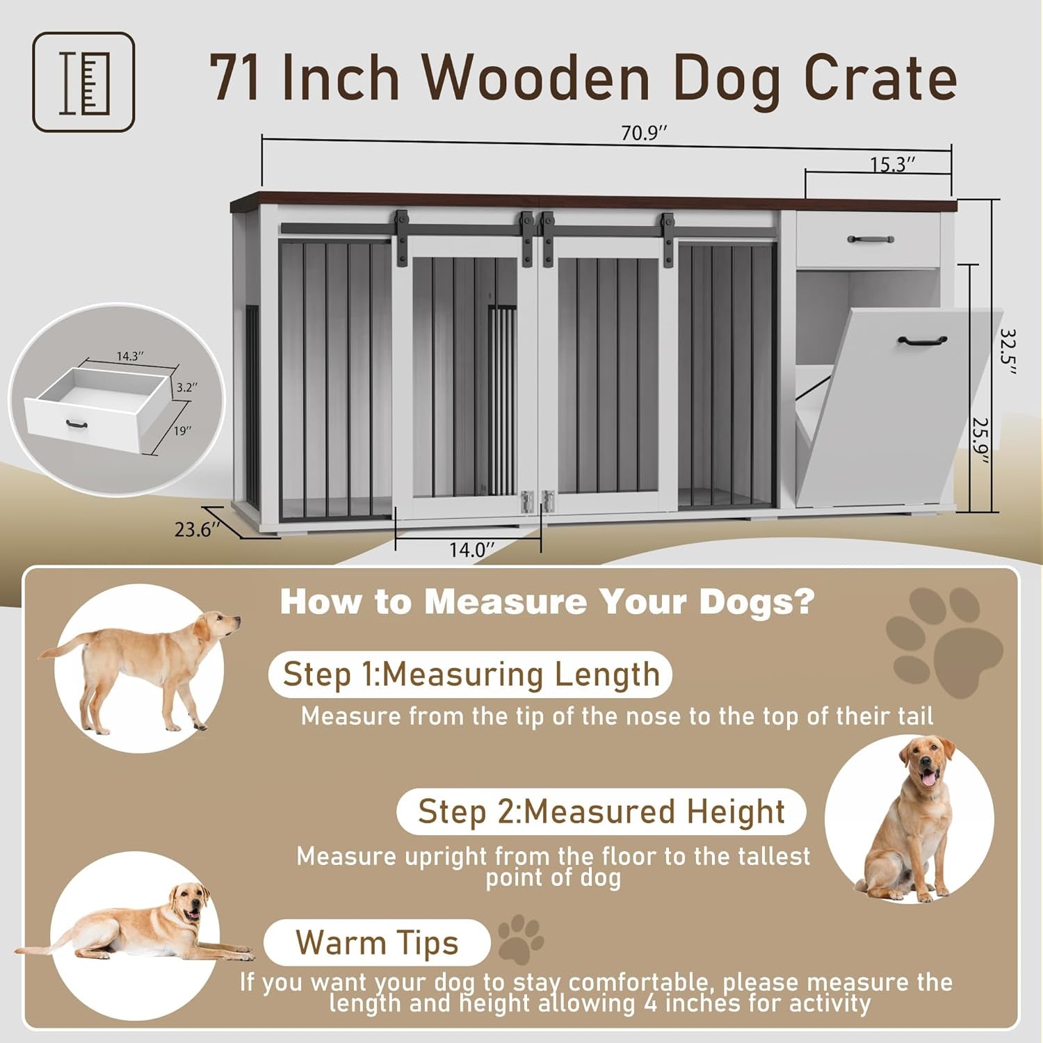 Large Dog Crate Furniture Large Breed,71 Inch Wooden Dog Crate with Tilt Out Trash Cabinet,Drawers,Divider and Sliding Barn Door, Double Doors Dogs Crate for 2 Dogs (Brown)