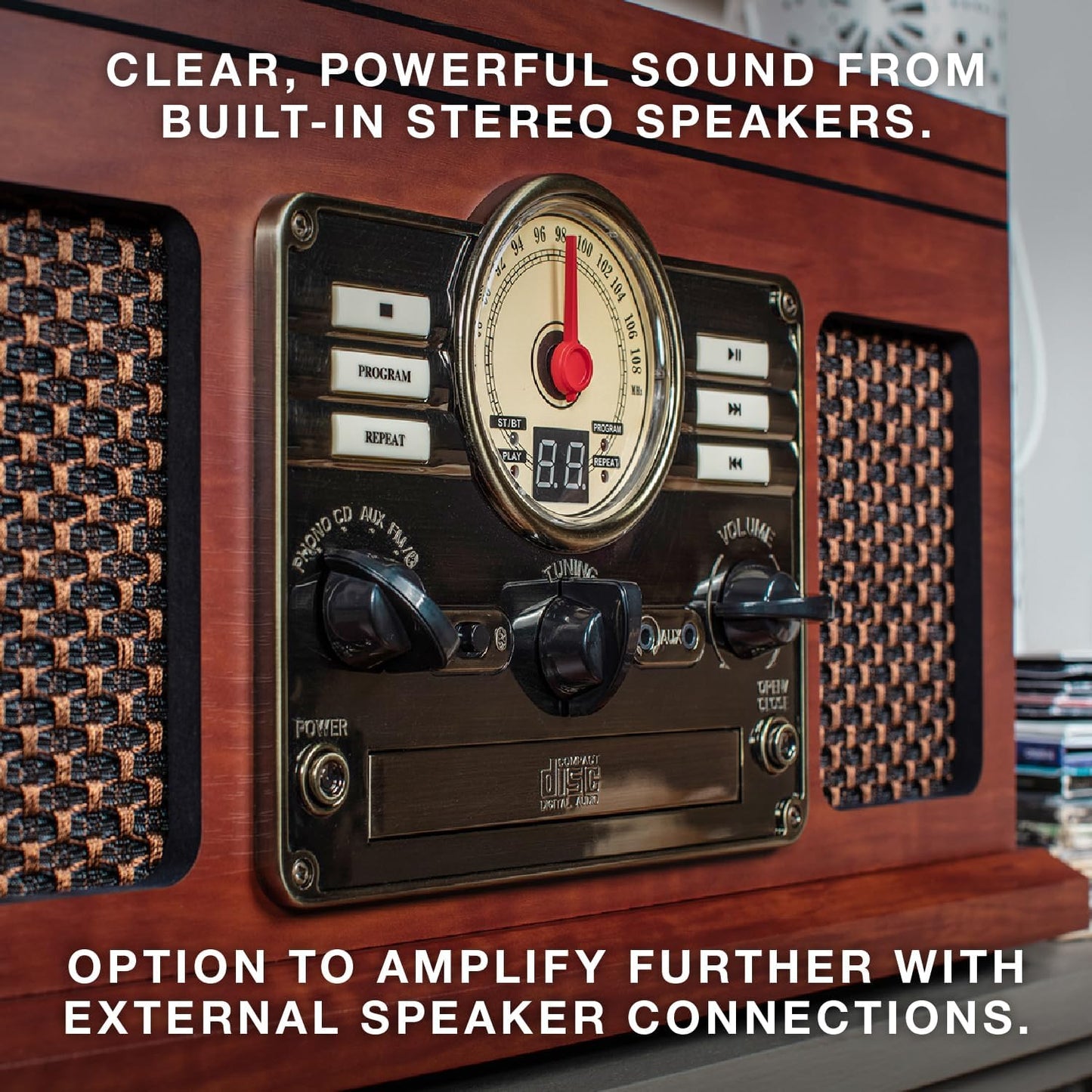 the Quincy 6-In-1 Bluetooth Record Player & Multimedia Center with Built-In Speakers – 3-Speed Turntable, CD & Cassette Player, AM/FM Radio, Wireless Music Streaming (Mahogony)