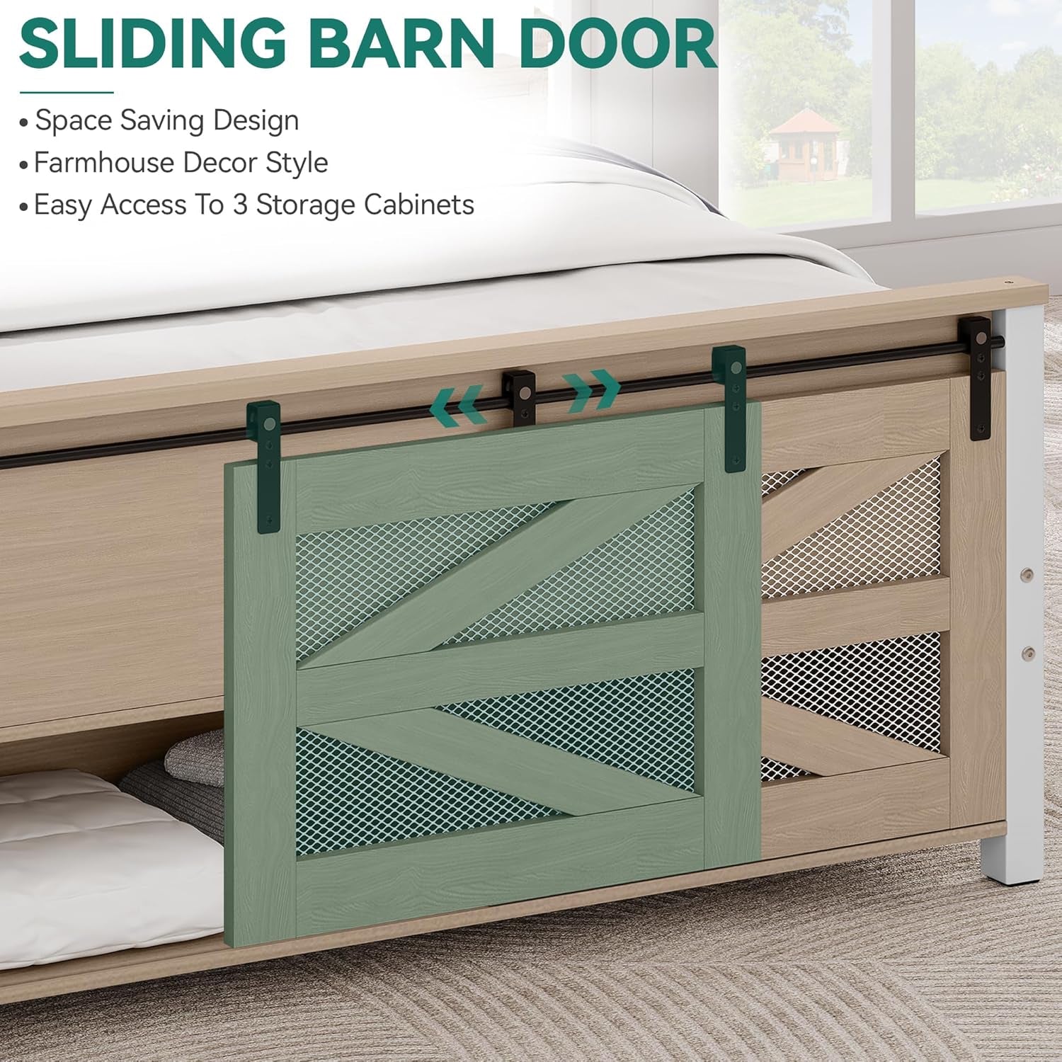 Queen Size Farmhouse Bed Frame with Sliding Barn Door Storage Cabinets, Platform Bed Frame with 47.2" Headboard, Solid Metal Slats Support, Noiseless, No Box Spring Needed, Oak