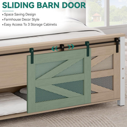 Queen Size Farmhouse Bed Frame with Sliding Barn Door Storage Cabinets, Platform Bed Frame with 47.2" Headboard, Solid Metal Slats Support, Noiseless, No Box Spring Needed, Oak