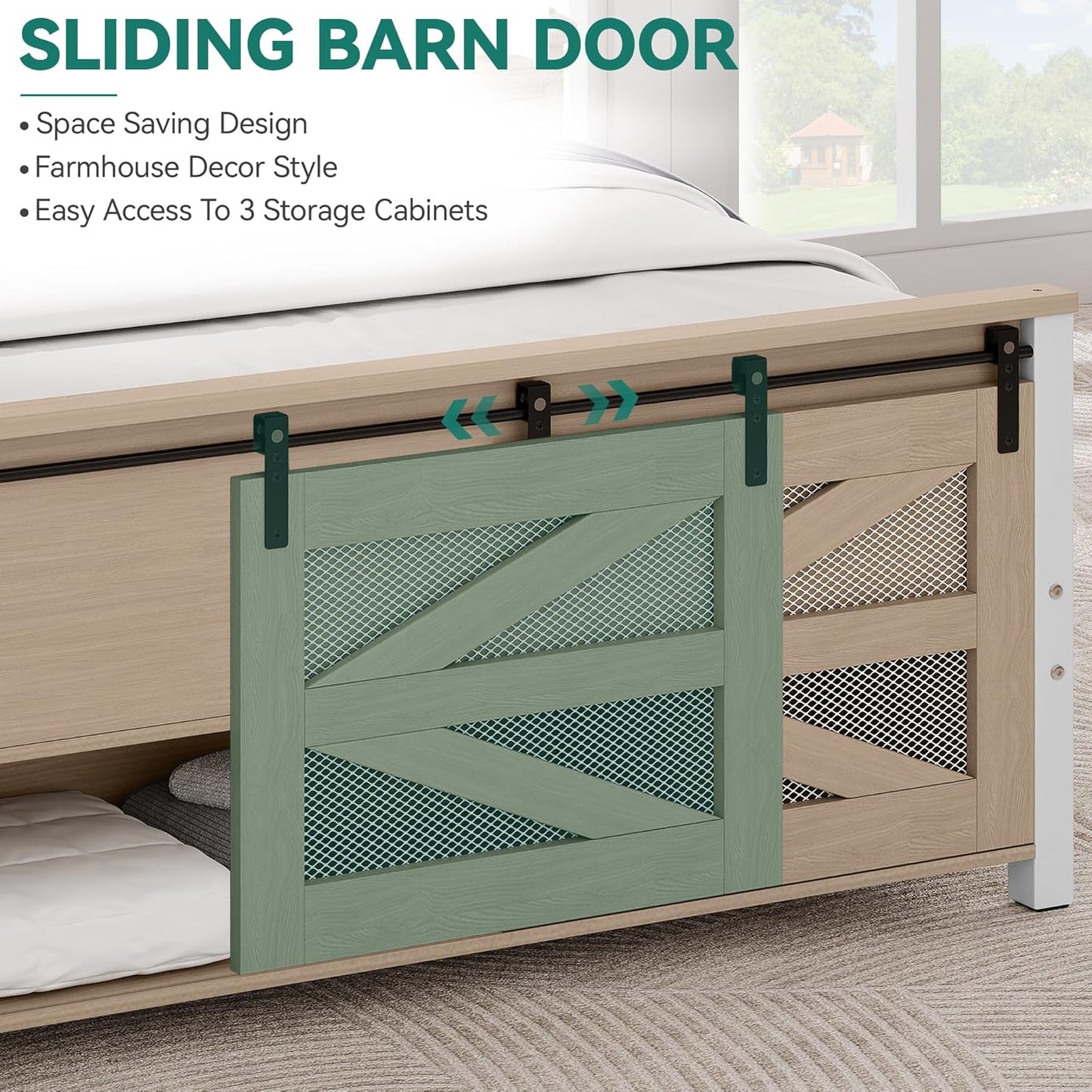 King Size Farmhouse Bed Frame with Sliding Barn Door Storage Cabinets, Platform Bed Frames with 47.2" Headboard, Solid Metal Slats Support, Noiseless, No Box Spring Needed, Oak