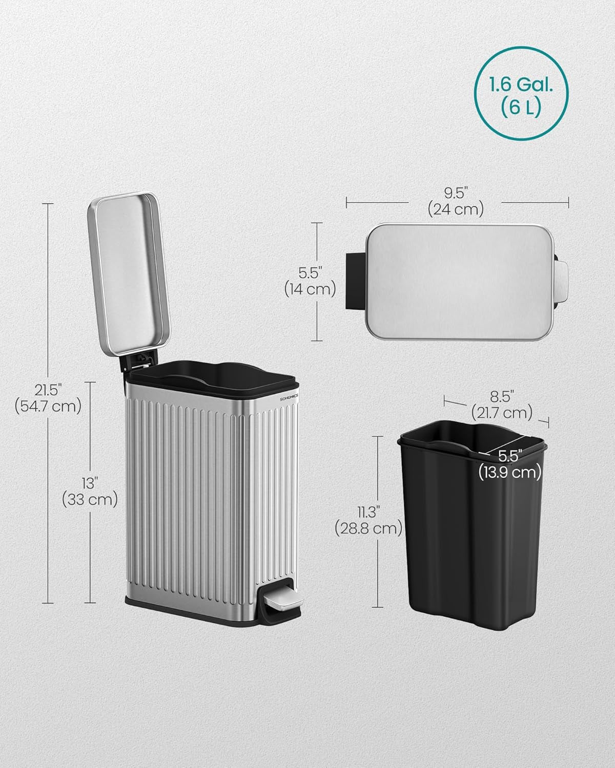 Bathroom Trash Can, 1.6-Gallon (6 L) Trash Bin with Lid, Slim for Small Spaces, Stainless Steel Garbage Can, Soft Close, Silver ULTB563E01