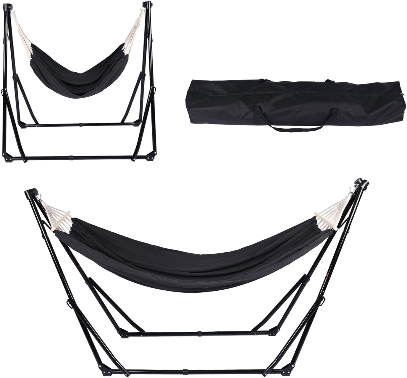 2 in 1 Hammock with Stand - Portable Hammock & Swing Chair, No Tools Assembly, with Carry Bag, Indoor Outdoor for Patio, Garden, Camping, Apartment (Black)