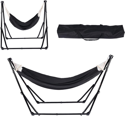 2 in 1 Hammock with Stand - Portable Hammock & Swing Chair, No Tools Assembly, with Carry Bag, Indoor Outdoor for Patio, Garden, Camping, Apartment (Black)