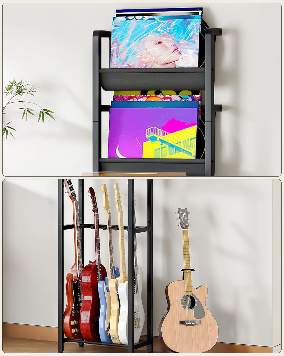 70.5"H Multi Guitar Stand, Guitar Rack Record Player Stand Sturdy and Space-Saving, Guitar Display Holds 6 Instruments, Retro Industrial Style, for Home, Studio, Rustic Brown and Black TCJ18BF