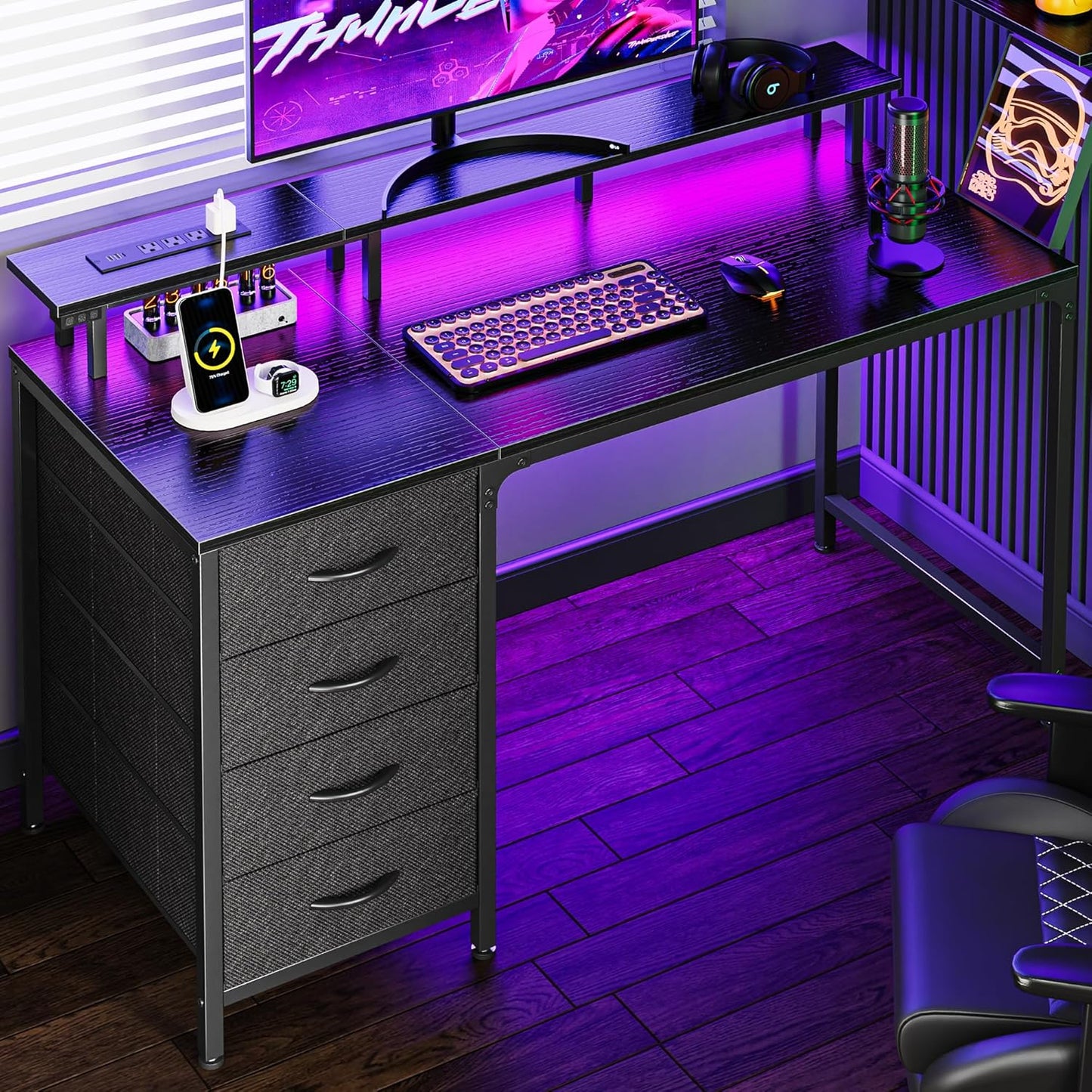 47 Inch Computer Desk with Power Outlets and LED Lights, Gaming Desk with 4 Drawers, Office Desk with Monitor Stand, Study Work Home Office, Small Spaces, Black
