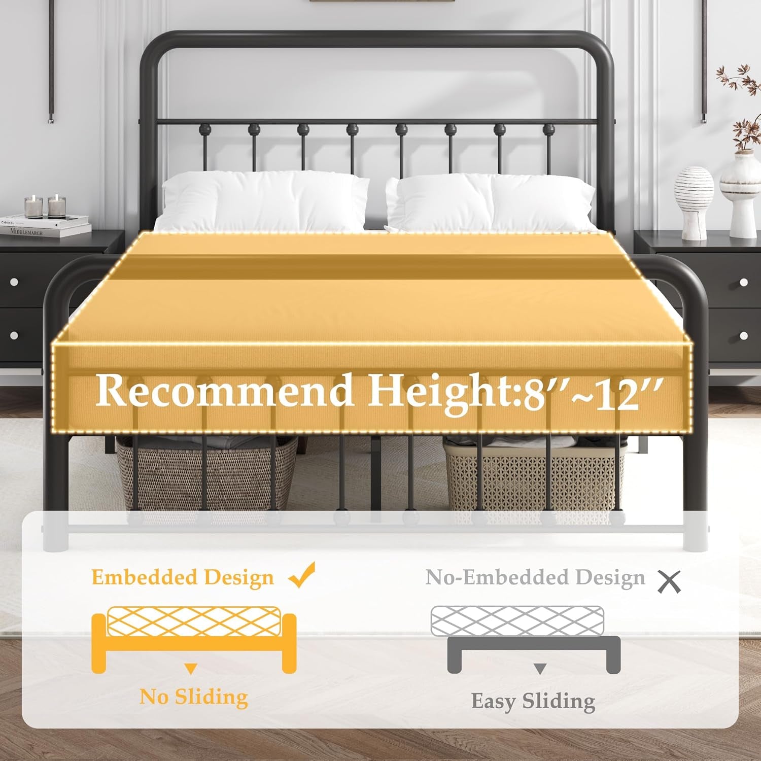 14 Inch Queen Bed Frame Classic Metal Platform Bed Frame with Charging Station & LED, Victorian Style Iron-Art Headboard/Footboard, under Bed Storage, No Box Spring Needed, Noise Free