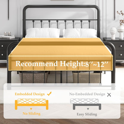 14 Inch Queen Bed Frame Classic Metal Platform Bed Frame with Charging Station & LED, Victorian Style Iron-Art Headboard/Footboard, under Bed Storage, No Box Spring Needed, Noise Free