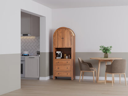 71" Tall Arched Kitchen Pantry Cabinet with Microwave Shelf,Modern Farmhouse Hutch Cabinet with Drawers & Door,Arched Storage Sideboard Cabinets (Walnut, 13.78" D X 27.56" W X 70.87" H)