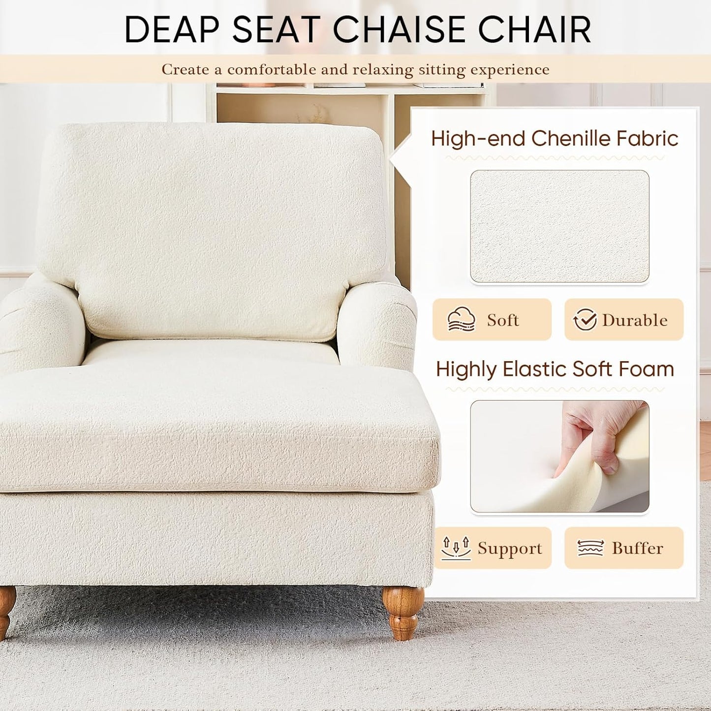 Chaise Lounge Chair with Adjustable Backrest, Modern Upholstered Chenille Leisure Sofa Recliner, Sleeper Chair Bed with Rolled Arm for Indoor, Bedroom, Living Room, Study Room, Office, Beige