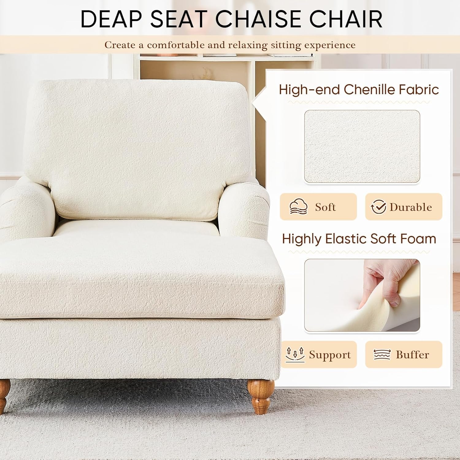 Chaise Lounge Chair with Adjustable Backrest, Modern Upholstered Chenille Leisure Sofa Recliner, Sleeper Chair Bed with Rolled Arm for Indoor, Bedroom, Living Room, Study Room, Office, Beige