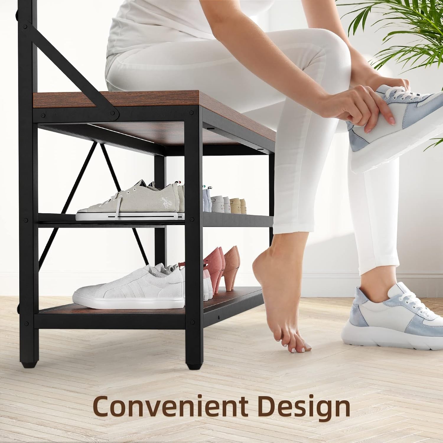 Coat Rack Shoe Bench Industrial Hall Tree Storage Bench for Entryway, Wood Look Accent Large Shoe Rack with Storage Shelf Hanging Bar,8 Hooks Rustic Brown 39.9"X15.7"X72"
