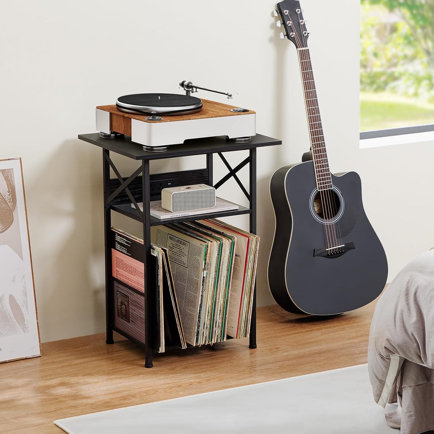 Record Player Stand with Charging Station, Large Turntable Stand with Storage Cabinet, 3 Tier End Table Hold up to 100 Albums, Record Stand for Vinyl, Living Room, Black, HETCD012BK-1