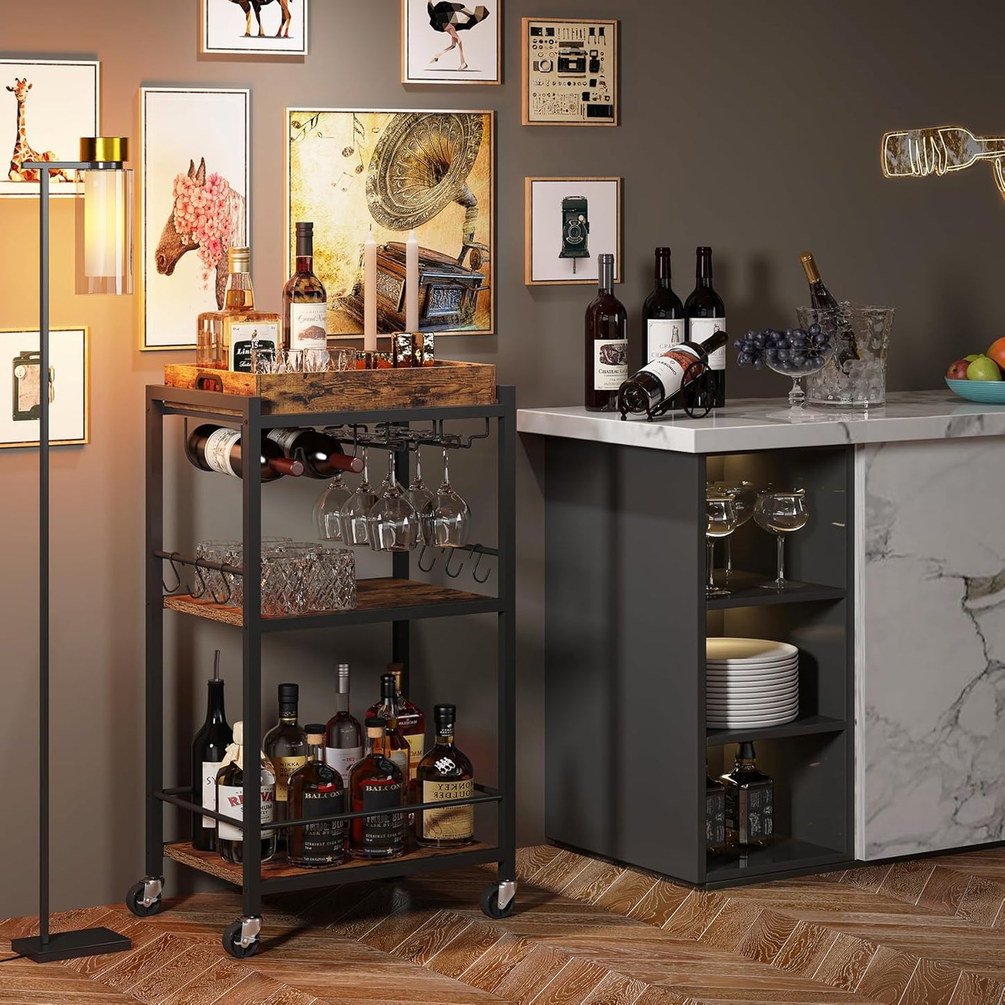 Bar Cart with Removable Tray, Home Bar Serving Cart, Drink Cart, Mobile Kitchen Shelf with Wine Rack and Glass Holder, Rolling Beverage Cart for Living Room, Kitchen, Brown BC01BB036
