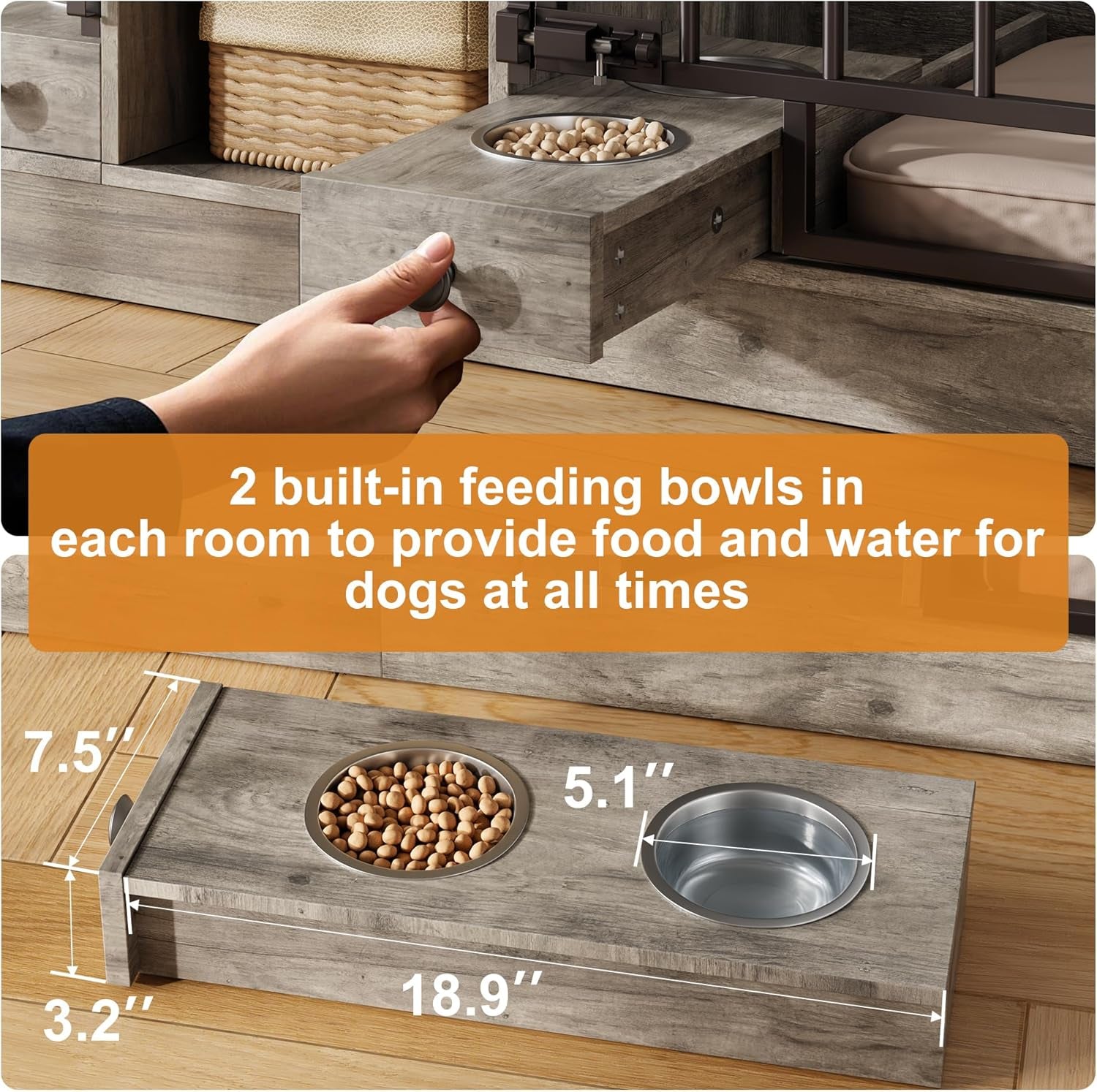 Dog Crate Furniture for 2 Dogs, Dog Kennel Indoor with Storage and Feeding Bowls, Double Dog Crate TV Stand for Small Medium Dogs, Grey