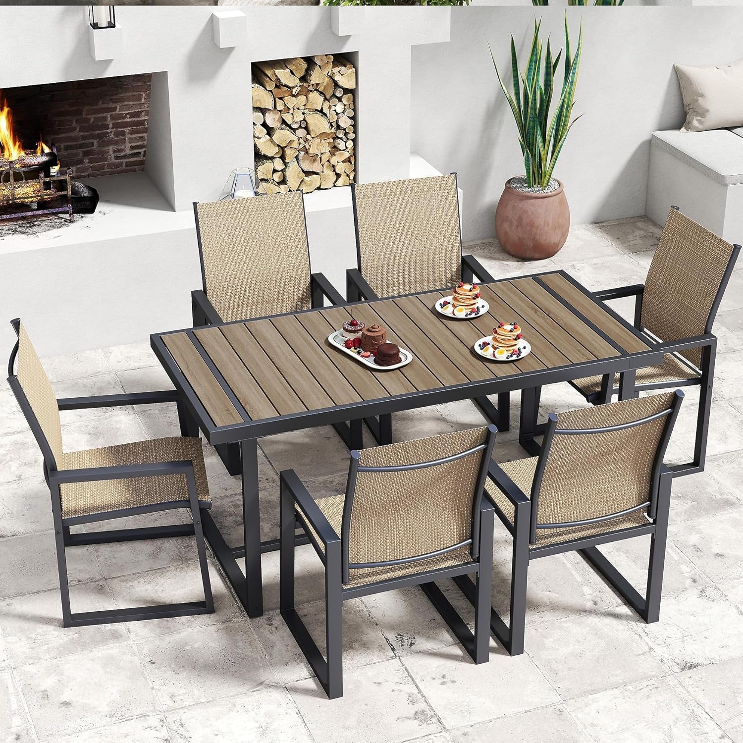 7 Piece Patio Dining Set for 6, Outdoor Furniture Set Includes 67" Rectangle Patio Table and 6 Textilene Dining Chairs, Outdoor Table and Chairs for Outsides, Backyard, Garden and Poolside