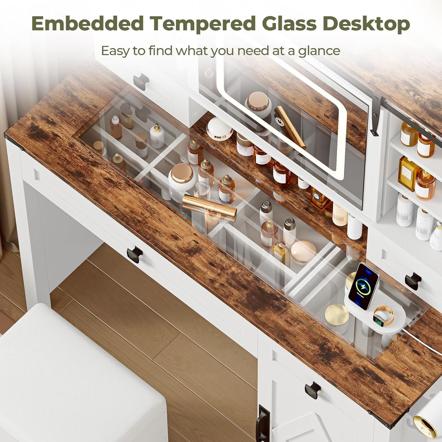 Farmhouse Vanity Desk with Sliding Mirror & Lights, Glass Top Makeup Vanity Table with Power Outlet, 3 Color Lighting Modes, 4 Drawers & Storage Cabinet, Includes Cushioned Stool for Bedroom