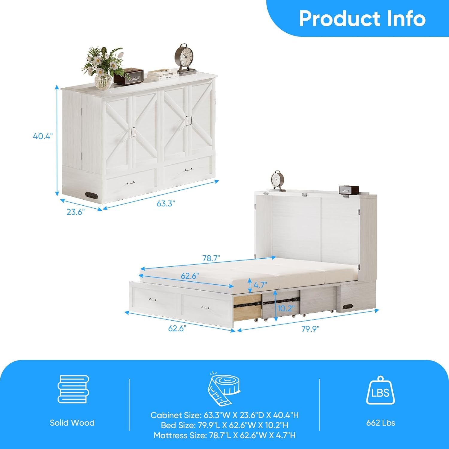 63" W Murphy Bed with Tri-Folding Mattress, Queen Cabinet Bed with Built-In Charging Station & Drawer Storage for Living Room, Apartment, Office, Home, Bedroom, White