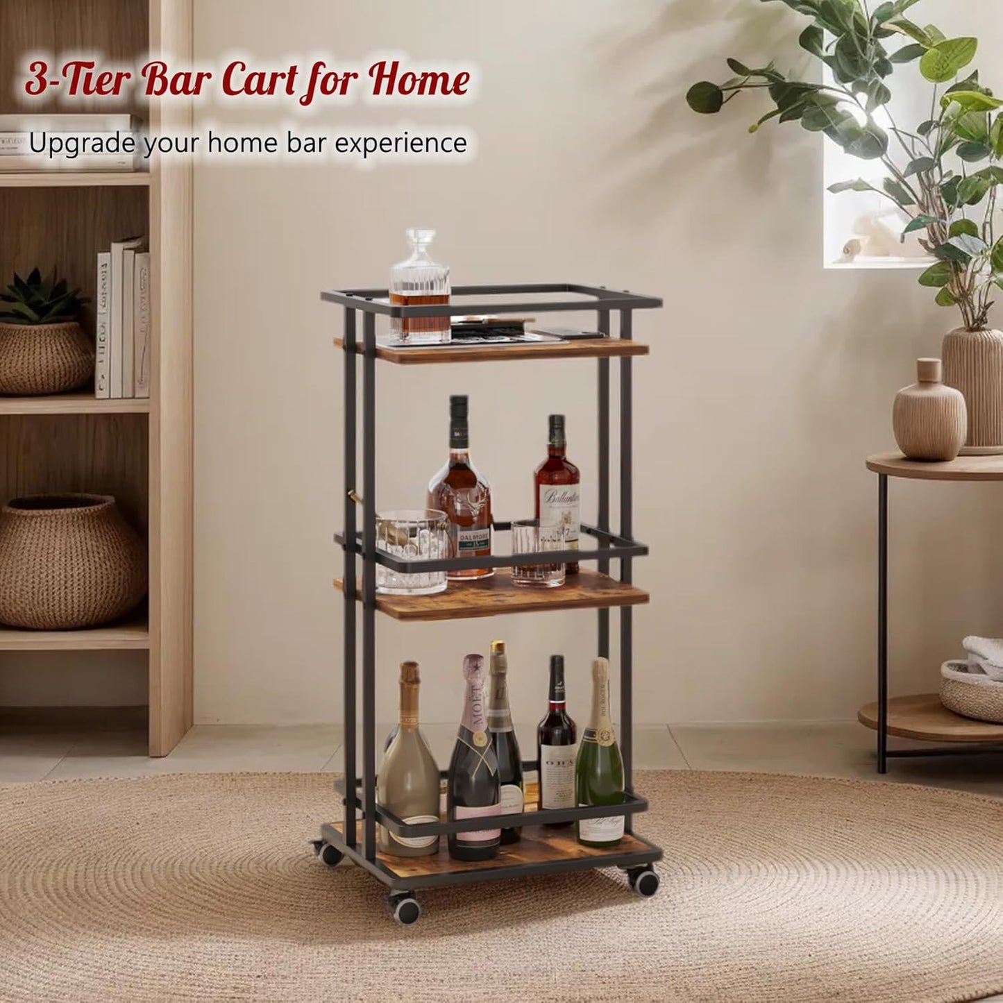 Bar Carts for the Home with Wheels, 3 Tier Beverage Bar Cart with Storage Shelves, Coffee Bar Cabinet for Your Home Entertainment