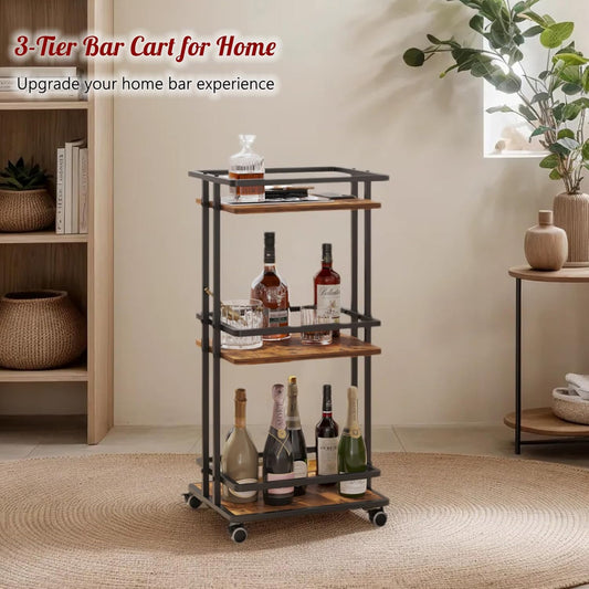 Bar Carts for the Home with Wheels, 3 Tier Beverage Bar Cart with Storage Shelves, Coffee Bar Cabinet for Your Home Entertainment