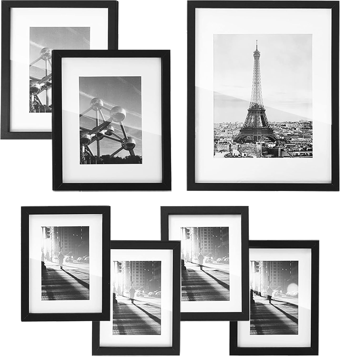 Picture Frames with 7 Mats, Set of 7 Collage Photo Frames, One 11X14, Two 8X10, Four 6X8 Frames, Hanging or Table Display, Glass, Black URPF37BK