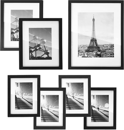 Picture Frames with 7 Mats, Set of 7 Collage Photo Frames, One 11X14, Two 8X10, Four 6X8 Frames, Hanging or Table Display, Glass, Black URPF37BK