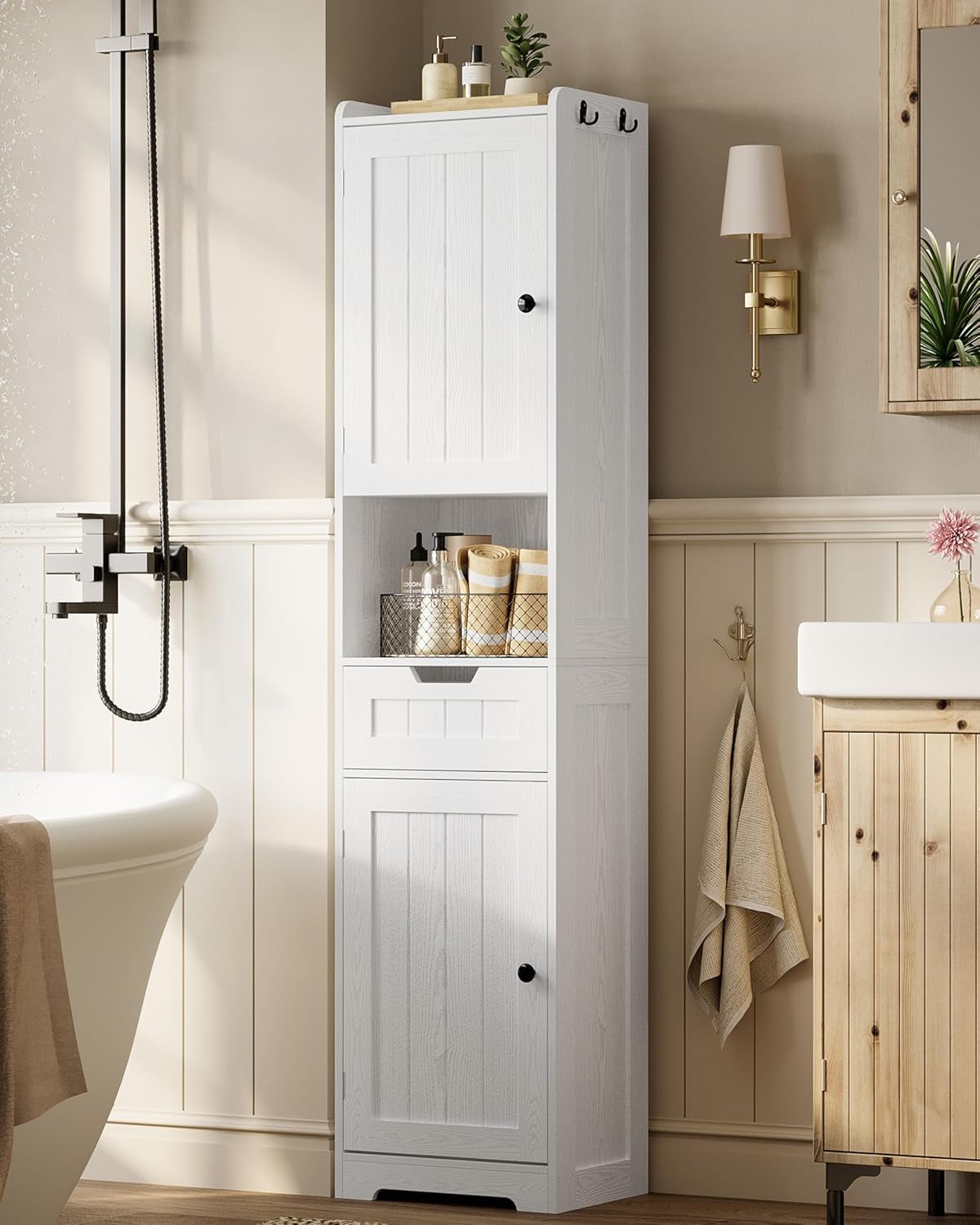 68" Tall Bathroom Storage Cabinet with Lights, Narrow Bathroom Storage Cabinet with Adjustable Shelves & 2 Hooks, Slim Freestanding Cabinet for Small Space, Kitchen, Living Room, White