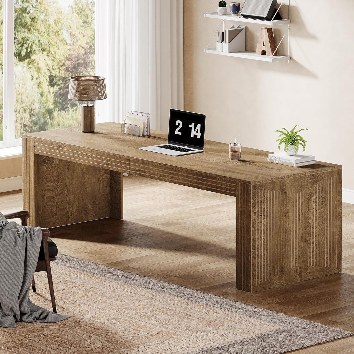 79-Inch Extra Long Desk, Two Person Double Desk for Home Office, Wooden Long Computer Desk Writing Table for Office, Natural Oak