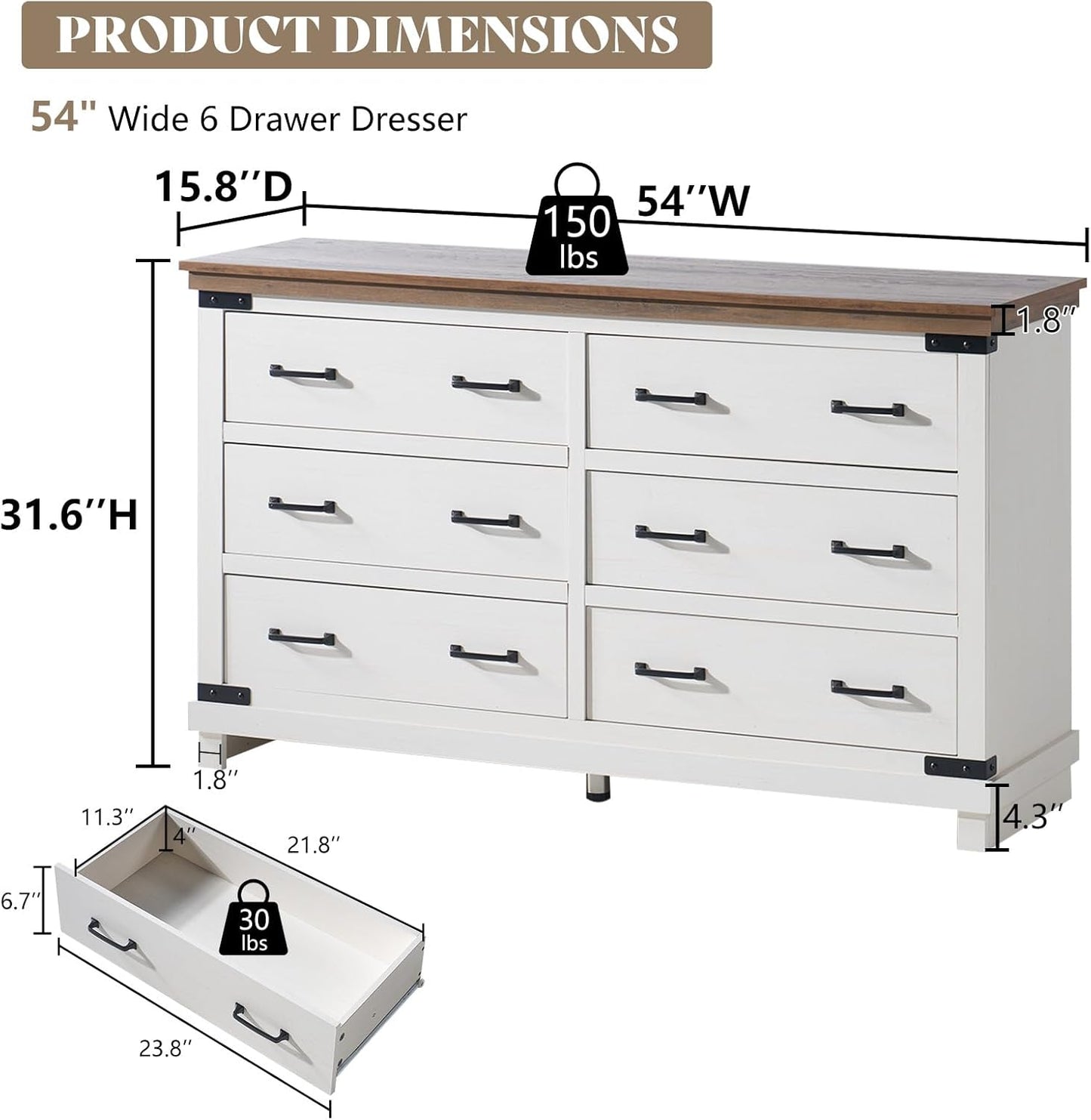 5-Piece Farmhouse Bedroom Set, Includes Wood Rustic King Bed Frame with 54" Tall Headboard, 6 Drawer Dresser Chests, 5 Drawers Tall Dresser, Nightstands Set of 2 with Charging Station, White