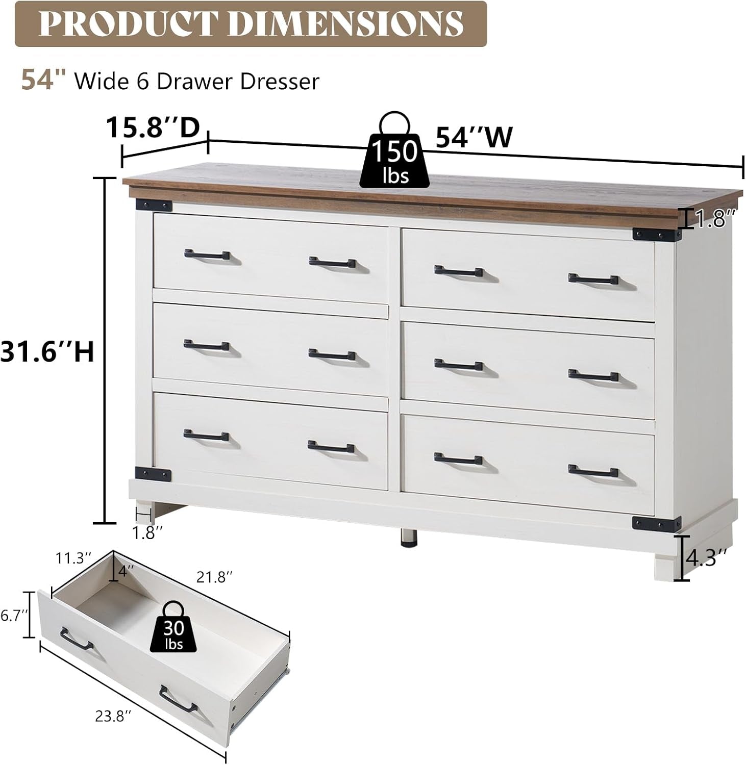 5-Piece Farmhouse Bedroom Set, Includes Wood Rustic King Bed Frame with 54" Tall Headboard, 6 Drawer Dresser Chests, 5 Drawers Tall Dresser, Nightstands Set of 2 with Charging Station, White
